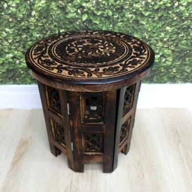 Imagem de Mesa Indiana Entalhada Decoração Desmontável 30 Cm de Tampo - Sarat Mo