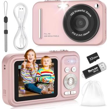 Imagem de Câmera digital para crianças, câmeras digitais 48MP FHD 1080p Point and Shoot com zoom de 16X, câmeras compactas portáteis para fotografia, para meninos meninas adolescentes iniciantes - rosa