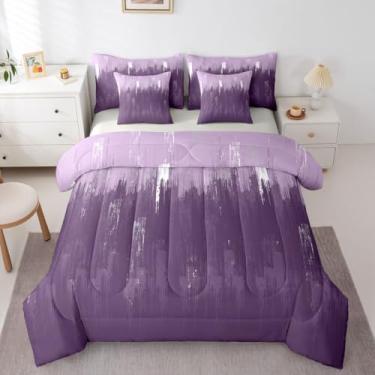 Imagem de Erosebridal Conjunto de cama solteiro com pintura a óleo branca e roxa para adultos, 7 peças, estética abstrata, conjunto de edredom com lençol de terracota, ombré em uma bolsa, para homens e mulheres