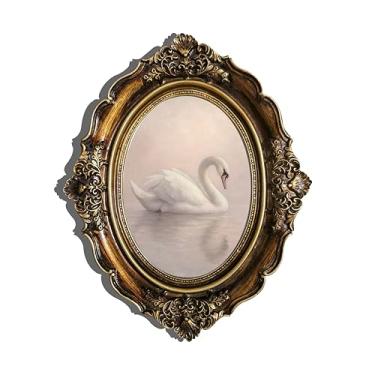 Imagem de XIAOAIKA Arte em tela oval barroca vintage, arte elegante de cisne branco com detalhes em relevo 3D, moldura de resina dourada bronze antigo para decoração de quarto, sala de estar, corredor, 25 x 20