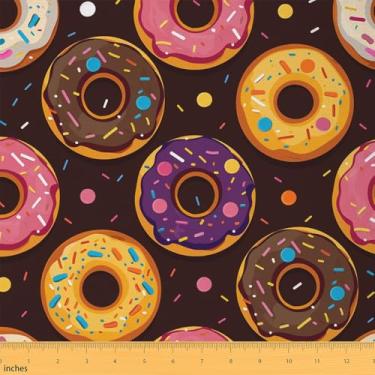 Imagem de Tecido Sweet Donut da The Yard, tecido de estofamento de sobremesa para meninos e meninas, delicioso pano decorativo de donuts de chocolate para estofamento, artesanato marrom laranja e suprimentos de