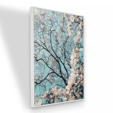 Imagem de Quadro tecido Canvas Árvore com flores Brancas Magnólia 90x60 cm com Moldura Branca