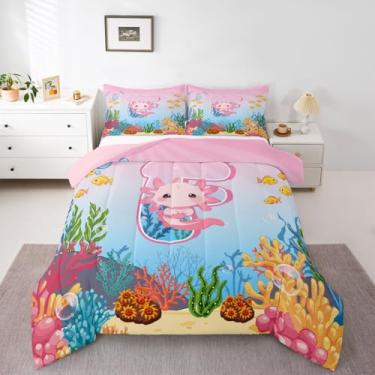 Imagem de Erosebridal Jogo de cama com estampa de letra F fofo, kawaii, axolote, tamanho solteiro, para crianças, meninas, adolescentes, conjunto de cama com desenho animado salamandra, oceano, rosa, azul