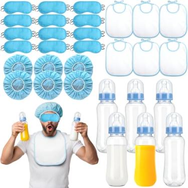 Imagem de Ebrima 6 conjuntos de jogos de chá de bebê, incluindo 6 mamadeiras de plástico, 12 máscaras para os olhos, 6 babadores e 6 chapéus, jogo de mamadeiras para festa de revelação de gênero