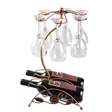 Imagem de HHHJQFAAT Suporte de garrafa de vinho prateleira de armazenamento rack de vinho ferro forjado bronze mesa metal cálice armazenamento rack criativo 6 ganchos design copo vinho suporte (#2)
