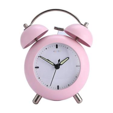 Imagem de Despertador Twin Bell 10 cm de metal rosa silencioso sem tique-taque -