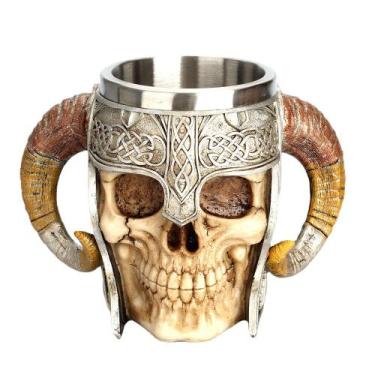 Imagem de Caneca Viking Skull com alça de capacete com chifres em aço inoxidável