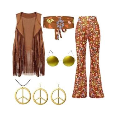 Imagem de Fantasia Feminina Hippie Disco Anos 60 E 70 Paz E Amor Com Franjas Ind