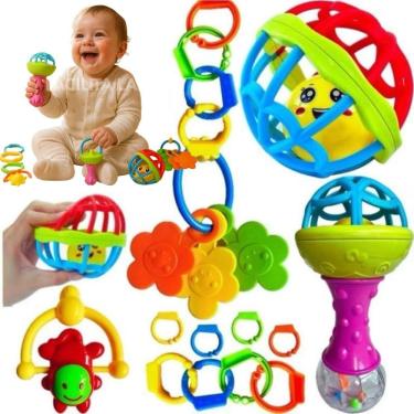 Imagem de Kit Chocalho para Bebê 8 Peças Brinquedo Educativo Sensorial com Mordedor Colorido Desenvolvimento Motor