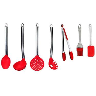 Imagem de Kit 7 Colheres Utensílios Silicone Vermelho Cabo Inox