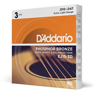 Imagem de D'Addario Cordas de guitarra acústica, bronze fosforoso, EJ15-3D, calibre extra leve 10-47, conjunto de 6 cordas, pacote com 3