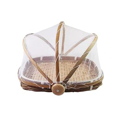 Imagem de Bandeja de cesta de comida tecida à mão cesta de armazenamento de pão de frutas e vegetais atmosfera simples cobertura de rede de piquenique ao ar livre, L