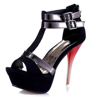 Imagem de GATUXUS sandália feminina plataforma de bico aberto com tiras salto alto para festa de formatura sapatos de salto alto, Black With Silver Straps, 9