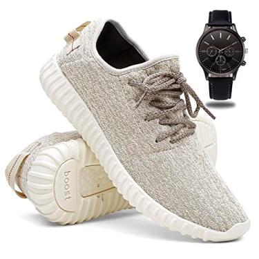 Imagem de Tênis Masculino de Corrida e Caminhada Leve e Macio + Relógio - Creme/38