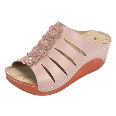 Imagem de Sandálias plataforma plataforma femininas moda flor anabela sandálias sapatos femininos casuais senhoras floral slip feminino (rosa, 7)