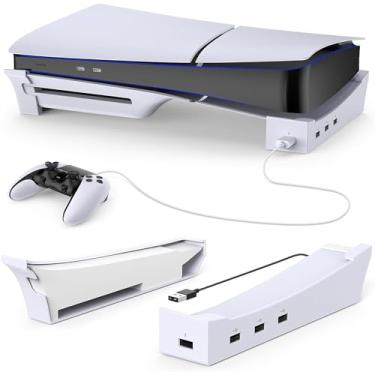 Imagem de Suporte para console PS5 Slim com hub, acessórios de suporte compatíveis com disco PS5 Slim e edição digital, 1 carregamento rápido e porta USB 2.0 de transferência de 3 datas(Suporta apenas PS5-Slim)