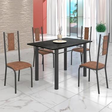 Imagem de Conjunto Sala de Jantar Bahia Mesa Tubo 120x75cm Tampo Pedra Ardósia Indiana com 4 Cadeiras Marrom/prata