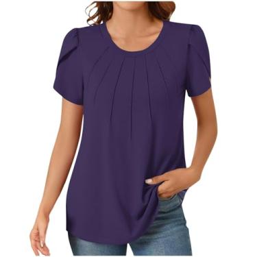 Imagem de Camisetas femininas folgadas longas gola redonda para mulheres divididas manga curta plissado verão outono camiseta 2024, B-086 Roxo, P