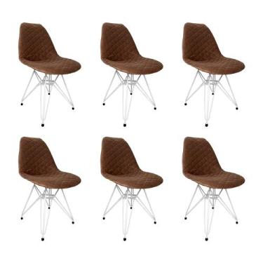 Imagem de Kit 6 Cadeiras Jantar Estofadas Caramelo Eiffel Eames Base Ferro Branc