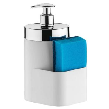 Imagem de Dispenser Porta Detergente Líquido e Bucha Pia Branco Dosador Cromado 