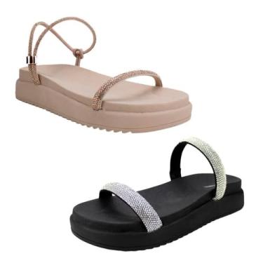 Imagem de Novo Hábito, Kit 2 Sandália Feminina Papete Tira & Papete Tira com Brilho Cor:Bege e PretoB;Tamanho:40