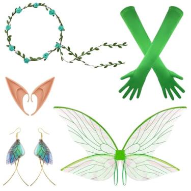 Imagem de Kavoc Fariy Costumes asas de borboleta de elfo verde, faixa de cabeça floral, orelhas de elfo, luvas e brincos para mulheres, fantasia de fada de Halloween, princesa