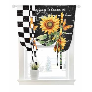 Imagem de Cortinas de amarrar para janelas girassóis em preto branco xadrez bolso haste persiana ajustável balão cortina saia borboleta brilho do sol citações para quarto, cozinha, banheiro, persianas, 86 x 114