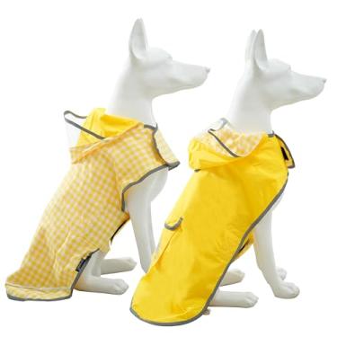 Imagem de MAMORE Capa de chuva para cães, reversível, impermeável, para cães, poncho com capuz, faixa refletiva, jaqueta de chuva xadrez de camada dupla para cães pequenos, médios e grandes (amarelo, médio)