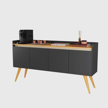 Imagem de Aparador Buffet Sala Gold 4 Portas Com Pés De Madeira Maciça Móveis Primus Preto / Mel