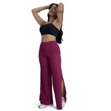 Imagem de Calça Feminina Wide Leg Pantalona Cintura Alta Tecido Canelado com Fen