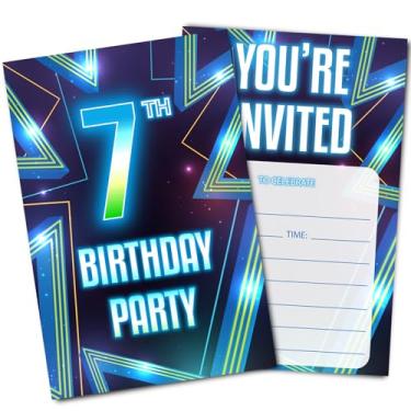 Imagem de Convites de aniversário de 7 anos com envelopes (neon)