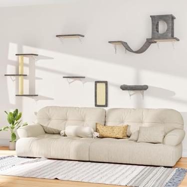 Imagem de NUNU LAB Móveis para gatos montados na parede, 6 peças de prateleiras de parede para gatos com casa de condomínio, ponte, degraus, arranhador, rede, móveis internos seguros e estáveis para brincar com
