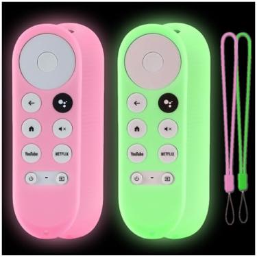 Imagem de Taiyiluo Pacote com 2 capas de silicone para Chromecast com controle remoto de voz Google TV 2020, para controle remoto de voz Chromecast do Google 2020, rosa e verde brilhante