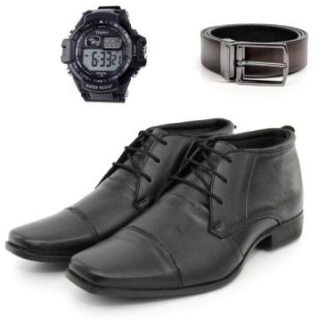 Imagem de Sapato Bota Social Masculino Preto Couro Animal Confortável + Cinto e 