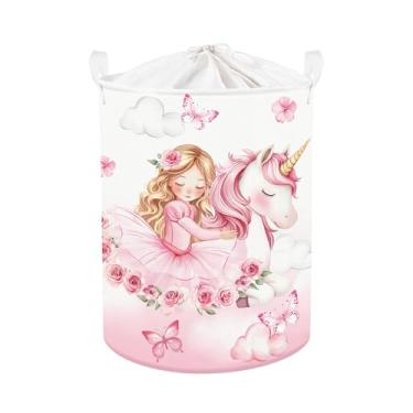 Imagem de Clastyle Cesto de roupa suja de unicórnio rosa para bebê, cesta de armazenamento para mulheres, meninas, caixa de brinquedos dobrável, organizador de roupas para quarto, princesa, 36 x 45 cm