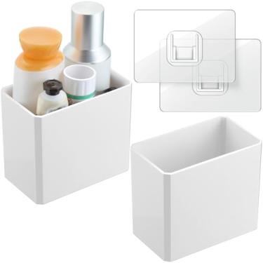 Imagem de 2 peças de prateleiras flutuantes, organizador de cesto de parede, adesivo de plástico, organizador de armazenamento, sem perfuração, branco para pendurar, organizador de maquiagem para escritório, quarto, cozinha, casa, decoração de quarto