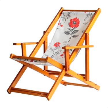 Imagem de Espreguiçadeira em Madeira Maciça para Piscina, Praia – Com Braço, Dobrável, Acabamento Envernizado (Cinza Floral)
