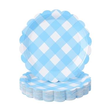 Imagem de sunepany 50 peças de pratos xadrez azuis, pratos de papel de sobremesa recortados de 22 cm, descartáveis para festa, chá de bebê, piquenique, aniversário, gênero, revelação de bolo de casamento