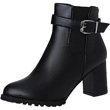 Imagem de Bota feminina de salto grosso, cano baixo, com zíper lateral, fivela e tira de fivela, bico fino, botas de salto baixo, Preto, 38 BR