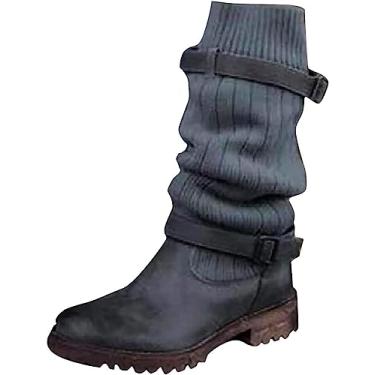 Imagem de Botas femininas de cano alto até o joelho, botas de cano alto, retrô, clássica, com fivela, cano médio, botas de inverno, Cinza, 39 BR