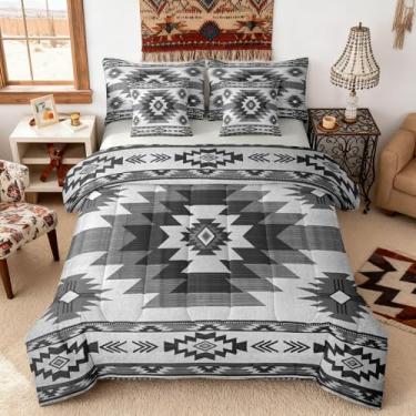 Imagem de Homewish Conjunto de edredom solteiro xadrez tribal cinza com lençol estilo sudoeste de grade étnica para crianças, adolescentes e adultos, conjunto de cama leve para todas as estações