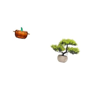 Imagem de Fenteer Prato de Vidro para Doces, Tigela em Formato de Abóbora com Tampa E Folhagem Artificial de Bonsai, Planta Artificial em Vaso para Centro de Mesa, Pote