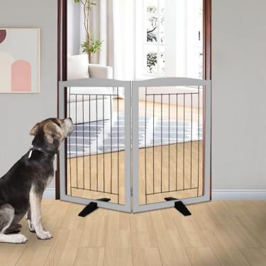 Imagem de ZJSF Cerca interna independente para cães, portão dobrável para portas, escadas ou corredores, portão extra largo de madeira resistente para animais de estimação com pés de suporte para casa, cinza