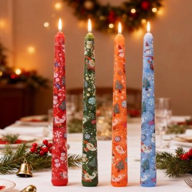 Imagem de FYBW Castiçais afunilados de Natal, lindos decalques de 4 cores, velas decorativas de 25,4 cm de comprimento com boneco de neve e floco de neve para festas comemorativas