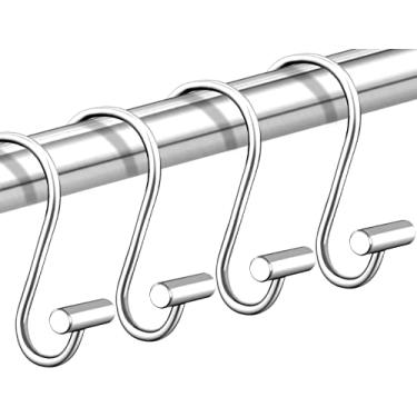 Imagem de Anéis de ganchos de cortina de chuveiro, conjunto de 24 ganchos de metal à prova de ferrugem para cortina de chuveiro, anéis de cortina de chuveiro de prata em forma de S para banheiro, ganchos decorativos de barra em T para varão de cortina de chuveiro
