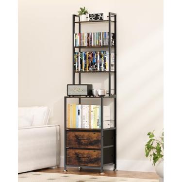 Imagem de PAPAGIFTREE Rack de CD e armazenamento com duas gavetas, prateleira e rack de DVD de 5 camadas, torre de armazenamento de CD e suporte para DVDs, livros e jogos de mídia, coleção e decoração de filmes
