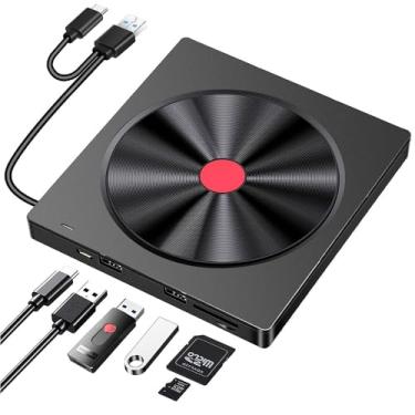 Imagem de HBFQMDJLX Unidade de CD/DVD externa de computador 5 em 2, unidade óptica portátil USB 3.0 com leitor de cartão, preto, leitura/gravação de CD 24X, leitura/gravação de DVD 8X, compatível com Windows