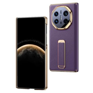 Imagem de FWYANZH Capa de couro genuíno para Huawei Mate X6, capa traseira magnética de telefone invisível com alça de mão suporte com tudo incluído dobradiça câmera à prova de choque, roxo, Mate X6