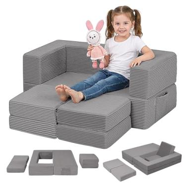Imagem de MeMoreCool Sofá infantil modular, sofá infantil de veludo cotelê para móveis de sala de jogos, sofá-cama infantil de espuma conversível, sofá de bebê dobrável para meninas e meninos, cinza claro