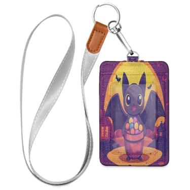 Imagem de Wassud Porta-crachá de couro PU fofo de Halloween com cordão, porta-cartão de identificação para trabalho, cordão de pescoço com compartimentos para cartões de crédito, funcionários, estudantes, 39,9